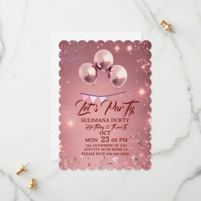 Reserve A Data Rose Gold Birthday Invitation Template: Let's Part (Frente/Verso In Situ)