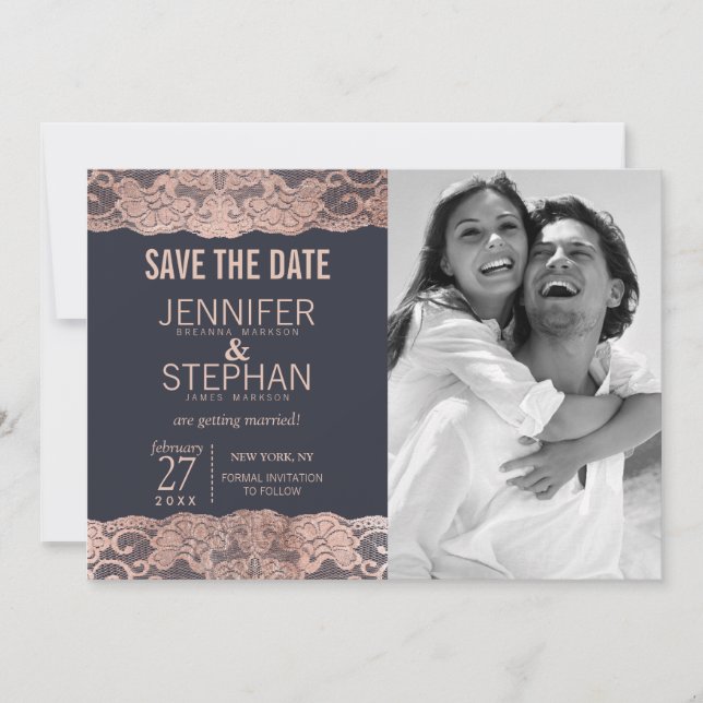 Reserve A Data Rose Gold Lace e Azul Marinho Save the Dates (Frente)