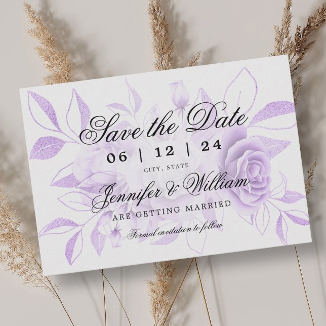 Reserve A Data Roteiro Elegante Romântico Casamento Roxo Floral (Elegant Script Romantic Wedding Purple Floral Save The Date)