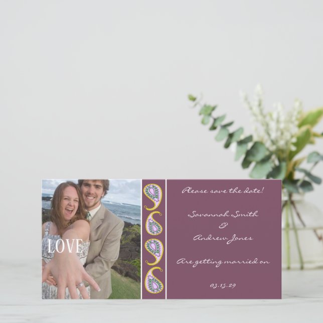 Reserve A Data Roxo & Amarelo Paisley Salve a Data Sua Foto (Em pé/Frente)