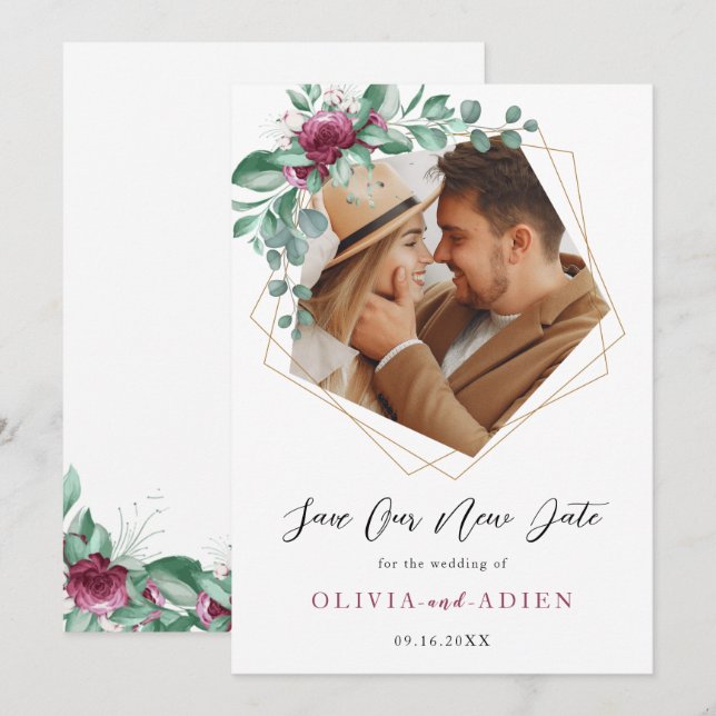 Reserve A Data Roxo Borgonha Marfim Floral Geométrico Foto (Frente/Verso)