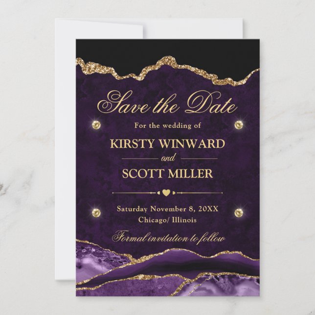Reserve A Data Roxo e Dourado Brilho Mármore Ágata Save the Date (Frente)