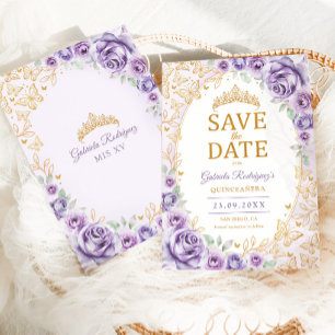 Reserve A Data Roxo Lilás Dourado Floral Quinceanera