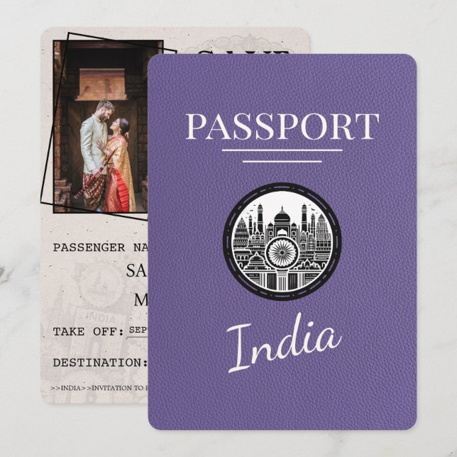 Reserve A Data Roxo Lilás Passaporte Índia Save The Date (Frente/Verso)