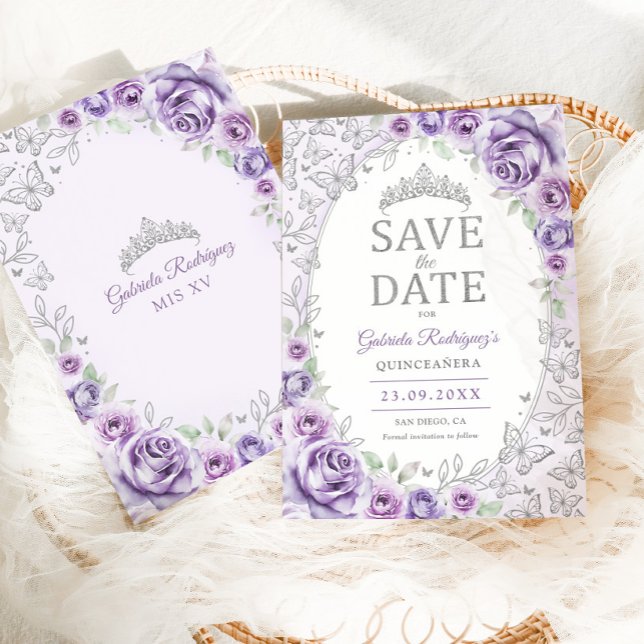 Reserve A Data Roxo Lilás Prata Floral Quinceanera (Criador carregado)