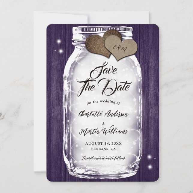 Reserve A Data Roxo Mason Jar String Luz Rustic Wood Casamento (Frente)
