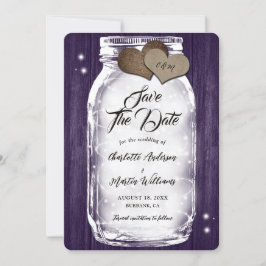 Reserve A Data Roxo Mason Jar String Luz Rustic Wood Casamento