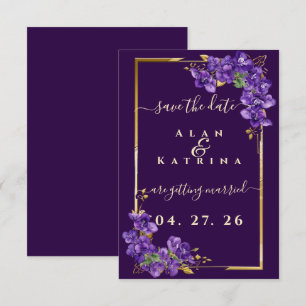 Reserve A Data Roxo Violeta Floral Dourado Elegante Moldura