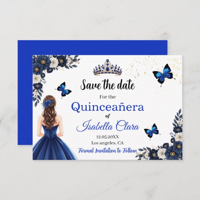 Reserve A Data Royal Blue Butterfly Quinceañera Save the Date (Frente/Verso)