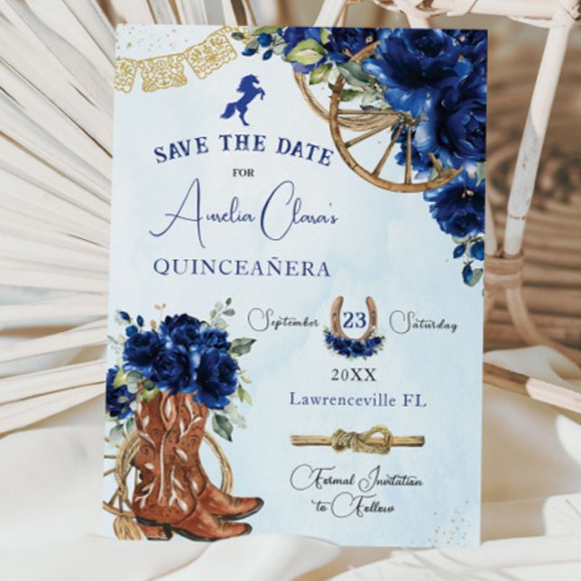 Reserve A Data Royal Blue Floral Wild West Charro Quinceañera XV (Criador carregado)