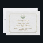 Reserve A Data Royal Dourado Crest Lush Greenery Salvar a Data<br><div class="desc">Símbolo da elegância, abundância e loftineza! Design de cartão único com uma crista real de folha de ouro falso, uma armação delicada, ramos de azeitona com uma flor branca sobre fundo de textura branca. Use a ferramenta Personalizar para adicionar suas informações. Por favor, visite minha Coleção Real de Casamentos de...</div>