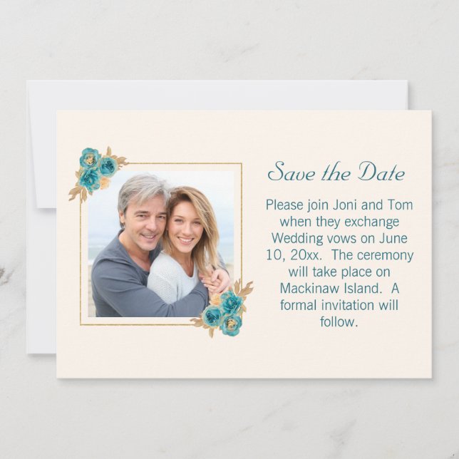 Reserve A Data RSVP de Casamento Floral Teal e Dourada (Frente)