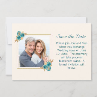 Reserve A Data RSVP de Casamento Floral Teal e Dourada