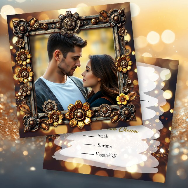 Reserve A Data RSVP de Casamento Personalizado Steampunk Dourado (Criador carregado)