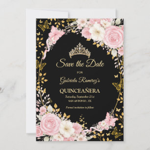 Reserve A Data Rubor Rosa Preto e Dourado Borboleta Quinceañera