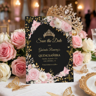Reserve A Data Rubor Rosa Preto e Dourado Borboleta Quinceañera