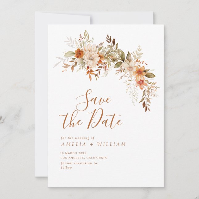 Reserve A Data rustic autumn fall floral wedding save the date (Frente)