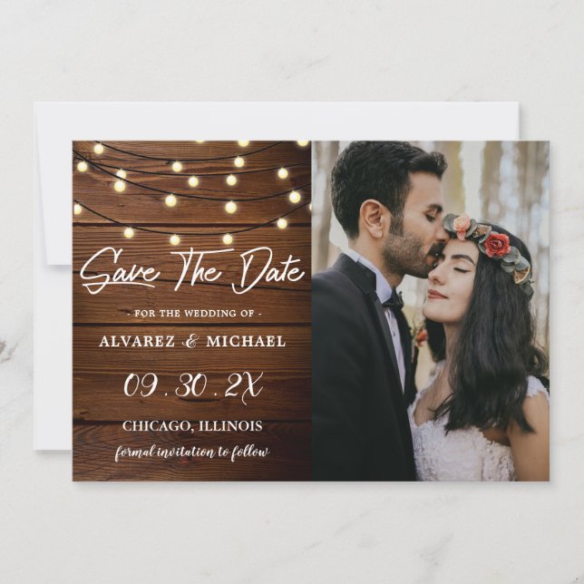 Reserve A Data Rustic Barn Wood String Luzes De Casamento Foto (Frente)