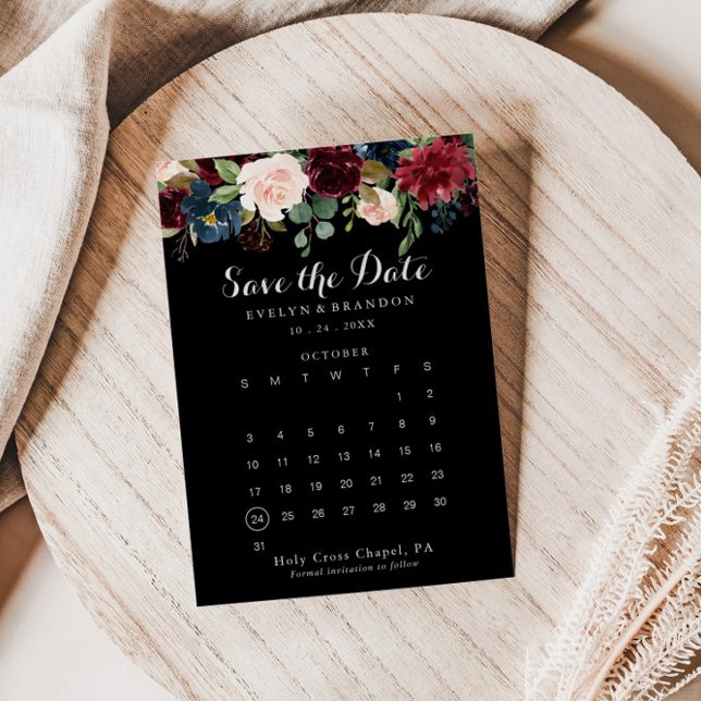 Reserve A Data Rustic Black Botanical Save the Date Calendar (Criador carregado)