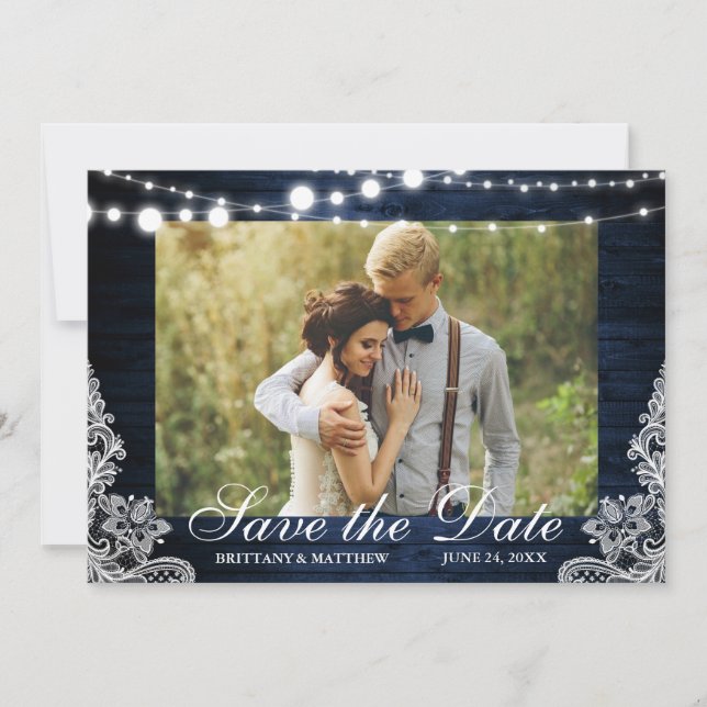 Reserve A Data Rustic Blue Wood String Luz Lace Foto (Frente)
