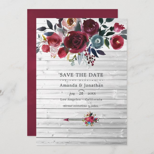 Reserve A Data Rustic Boho Chic Burgundy e Marinho Floral Weding (Frente/Verso)