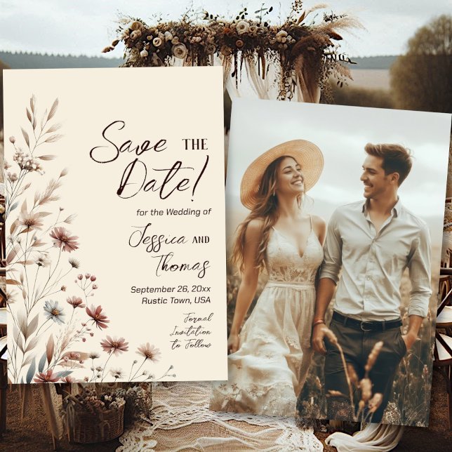 Reserve A Data Rustic Boho Chic Wildflower Foto De Volta Casament (Front/Back)