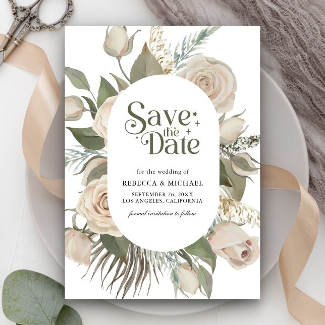 Reserve A Data Rustic Boho Ivory Rosas Sage Casamento Verde (Criador carregado)