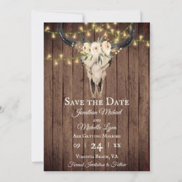 Reserve A Data Rustic Boho Skull e Luzes sobre Casamento de Madei