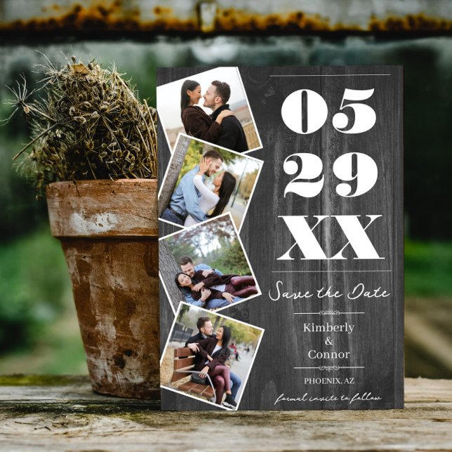 Reserve A Data Rustic Bold Four Photo Save the Date | Cinza (Gray Rustic Bold Four Photo Save the Date)