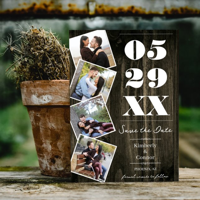 Reserve A Data Rustic Bold Quatro Foto Salvar Data | Natural (Natural Rustic Bold Four Photo Save the Date)