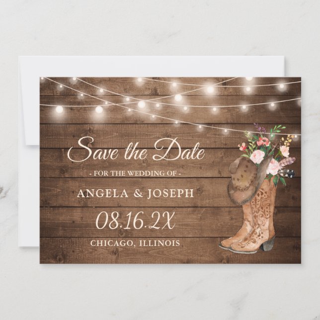 Reserve A Data Rustic Boots Floral String Lights Casamento (Frente)