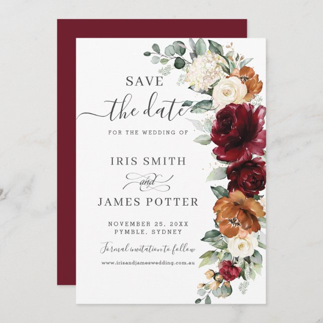 Reserve A Data Rustic Burgundy Burnt Orange Ivory Floral Wedding  (Frente/Verso)
