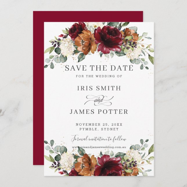 Reserve A Data Rustic Burgundy Burnt Orange Ivory Floral Wedding (Frente/Verso)