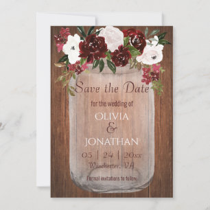 Reserve A Data Rustic Burgundy Floral Mason Jar Wedding