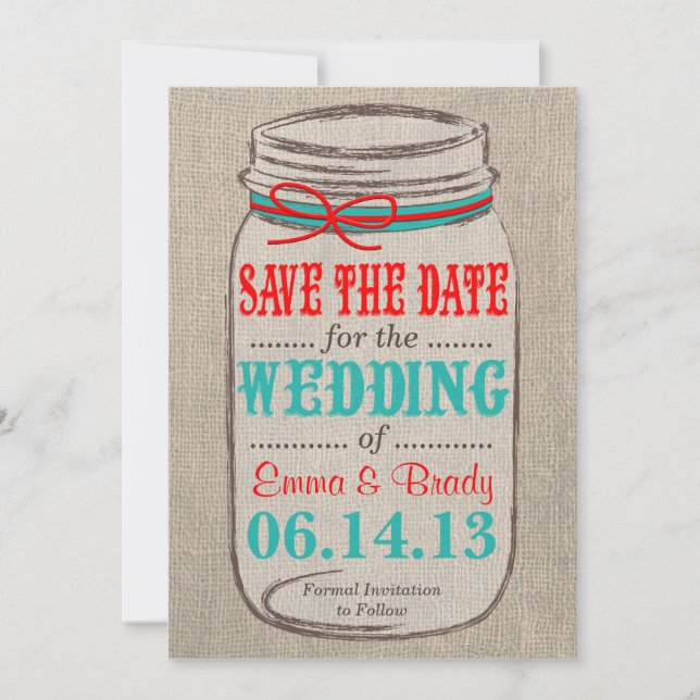 Reserve A Data Rustic Burlap & Mason Jar Wedding Salvar Data (Frente)