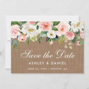 Reserve A Data Rustic Burlap White Floral Cor-De-Rosa Salva A Fic