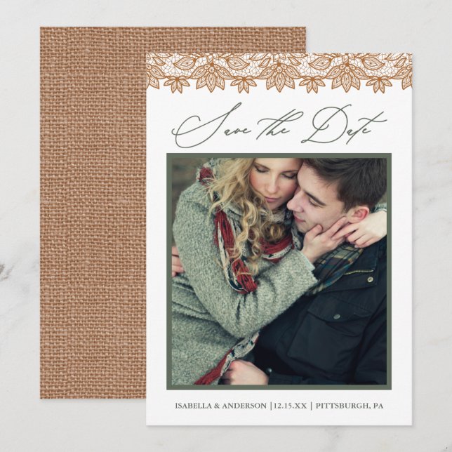 Reserve A Data Rustic Chic Sage e Burlap Foto Salve a Data (Frente/Verso)