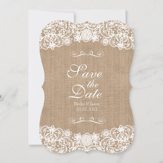 Reserve A Data Rustic Country Burlap Lace Wedding Save-The-Date (Frente)