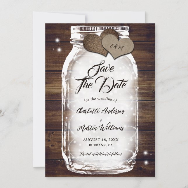 Reserve A Data Rustic Country Wood Luz Mason Jar Weding (Frente)