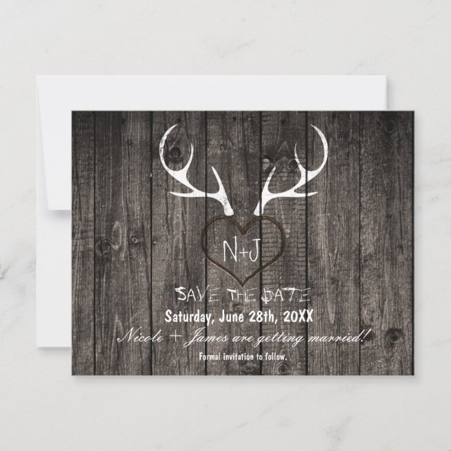 Reserve A Data Rustic Deer Antlers & Carved Heart Salvem A Data (Frente)