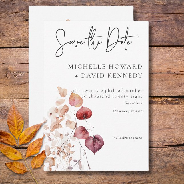 Reserve A Data Rustic Delicate Burgundy & Rust Fall Folaves (Rustic Delicate Burgundy & Rust Fall Leaves Save The Date)