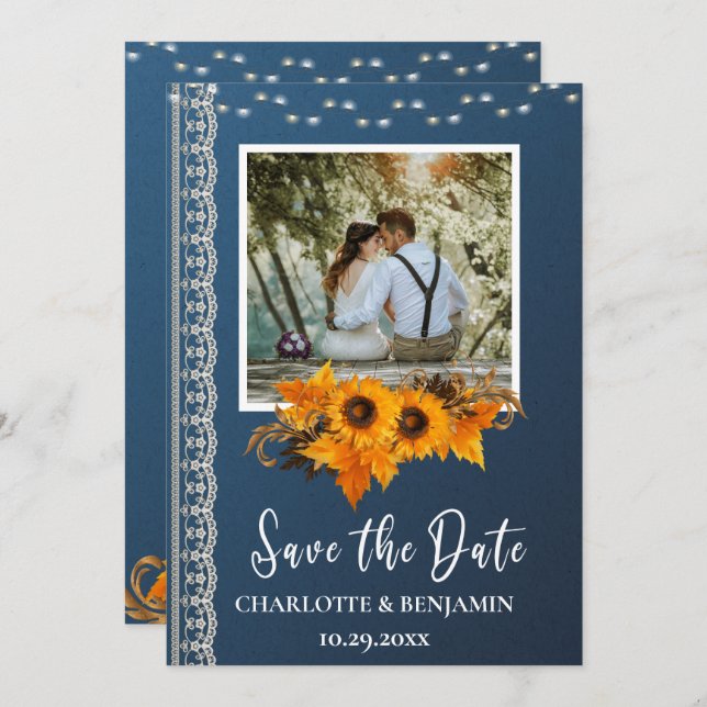 Reserve A Data Rustic Dusty Blue Sunflower & Lace Weding (Frente/Verso)