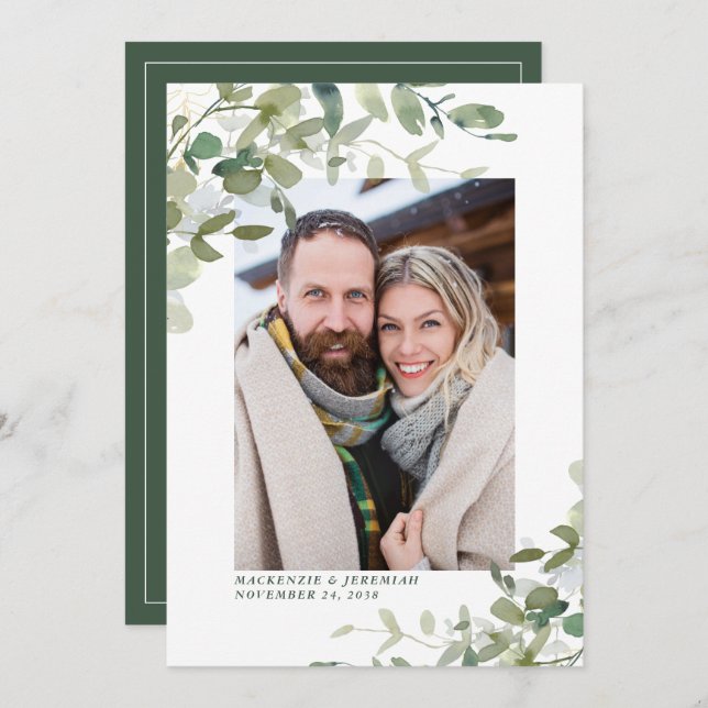 Reserve A Data Rustic Eucalyptus Wedding Photo Save the Date (Frente/Verso)