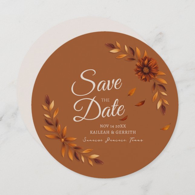 Reserve A Data Rustic Fall Leaves Burnt Sienna Beige Wedding (Frente/Verso)