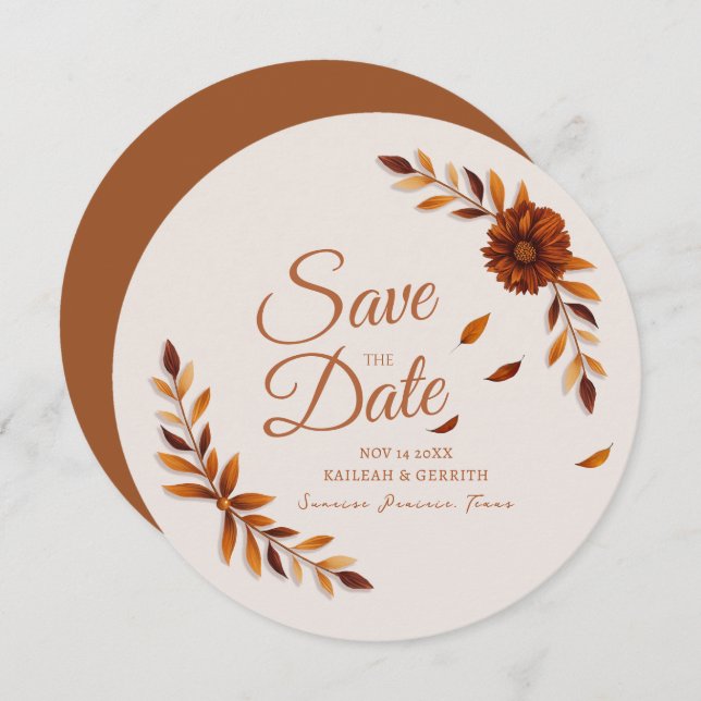 Reserve A Data Rustic Fall Leaves Burnt Sienna Beige Wedding (Frente/Verso)