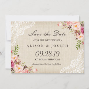 Reserve A Data Rustic Floral Lace Ivory Burlap Salvar Data