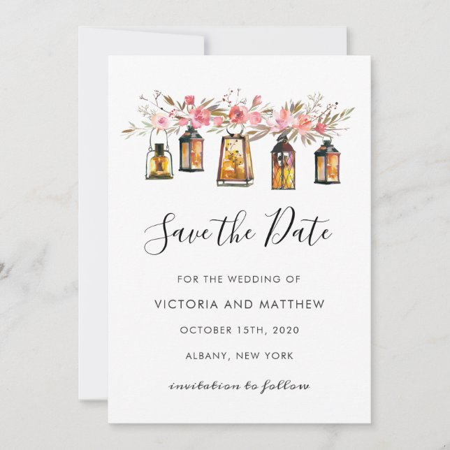 Reserve A Data Rustic Floral Lantern Casamento Salve a Data (Frente)
