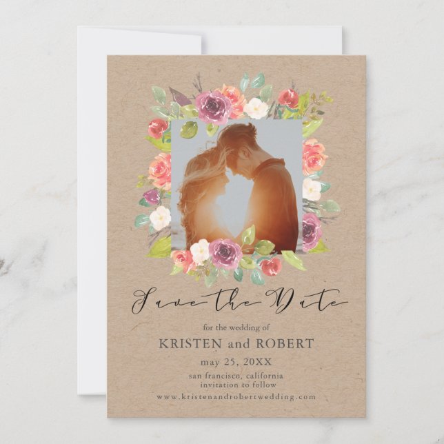 Reserve A Data Rustic Floral Wreath Photo Save The Date Card (Frente)