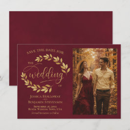 Reserve A Data Rustic Golden Leaves on Burgundy Photo Wedding