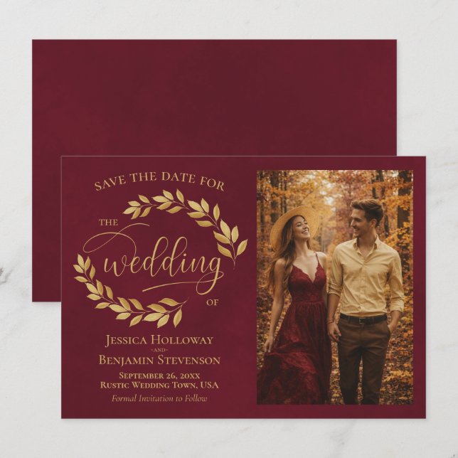 Reserve A Data Rustic Golden Leaves on Burgundy Photo Wedding (Frente/Verso)